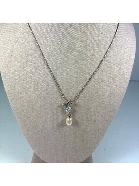 Vintage 18K GP Cultured Freshwater Pearl Drop Pendant Necklace Gold Plated